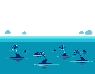 Financial risk. Successful business people running on top of sharks in the danger sea water.