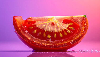 Close up food photo of fresh ripe tomato slice with detailed seeds

