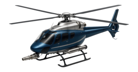 Blue and silver firefighting helicopter with side-mounted water cannon