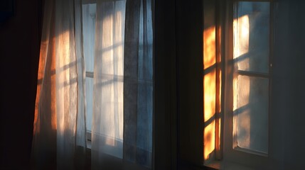 Sunlight streaming through sheer curtains casting geometric shadows on a window pane image