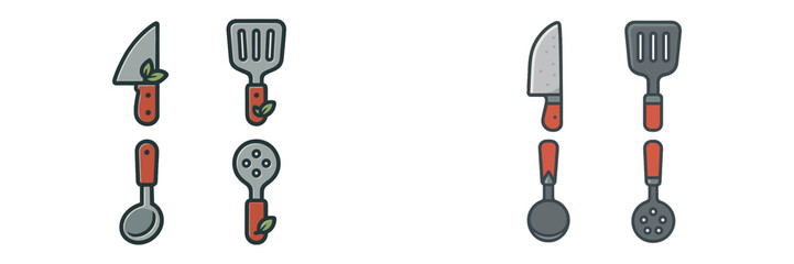 Fototapeta premium Different types of kitchen utensils displayed on a simple background showing knives, spatulas, ladles, and strainers for cooking enthusiasts