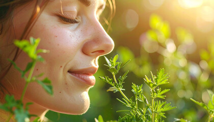 A person is deeply inhaling the scent of vibrant green herbs, evoking tranquility.
