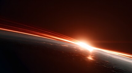Sunrise over Earth horizon with glowing orange light streaks and city lights space planet