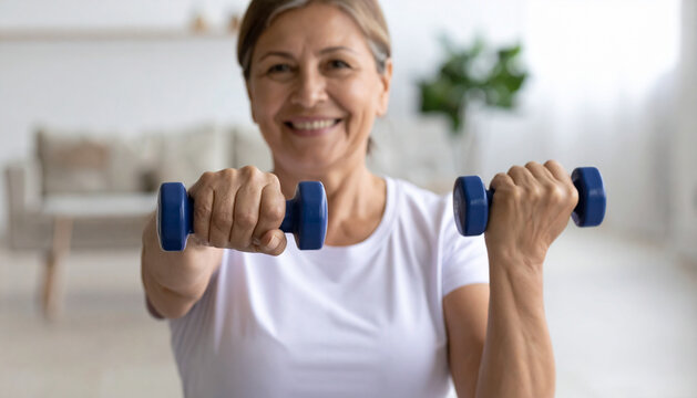 Home training concept. Strong senior woman doing exercises with dumbbells indoors. Cheerful mature lady working out her arm muscles, keeping fit, leading healthy lifestyle during covid-19 isolation