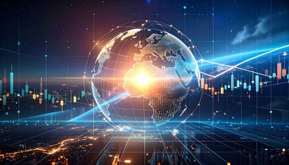 Digital globe surrounded by glowing lines, charts & graphs; represents global market growth, data flow, and interconnectedness, over a blurred city background