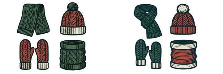 Handcrafted style knitted winter clothing accessories set with hats, scarves, mittens, and neck warmers