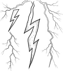 Stylized lightning bolts, electric energy illustration, jagged central strikes, branching patterns, dramatic texture, power surge concept, dynamic visual impact