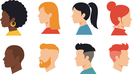 Diverse male and female profile portraits showing different hairstyles, hair colors, and skin tones representing inclusion, identity, and cultural diversity in vector illustration © Snigdha Creatives