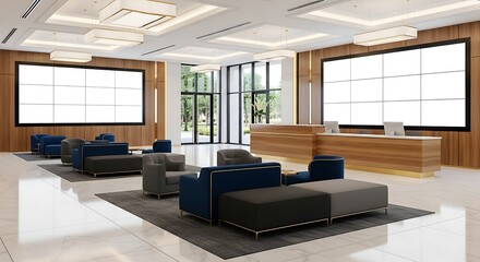 Naklejka premium Modern lobby welcomes visitors with comfortable seating and bright screens in a stylish and professional atmosphere.