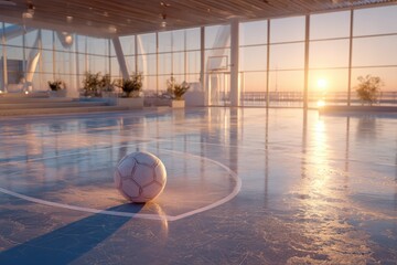 Bright and Modern Indoor Soccer Field at Sunset with a Single Soccer Ball on the Clean Floor Surrounded by Large Windows and Beautiful Natural Light