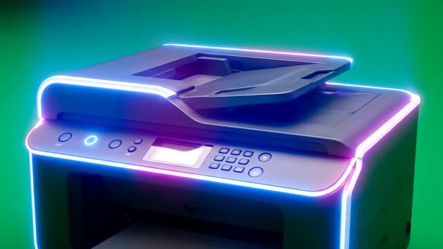 A modern multi-function printer, highlighted by vibrant neon lights, is showcased against a striking green backdrop.