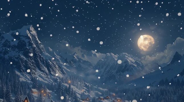 Magical winter village with glowing lights and snowfall, ideal for Christmas greetings, holiday marketing, festive designs and seasonal creative projects.