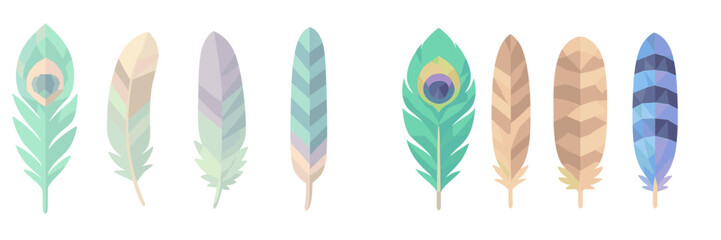 Assortment of elegant bird feathers in a range of soft pastel hues, showcasing a modern geometric low poly aesthetic, isolated against a pristine white backdrop