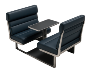 Train sleeper car section with cushioned seats transforming into beds and a central table