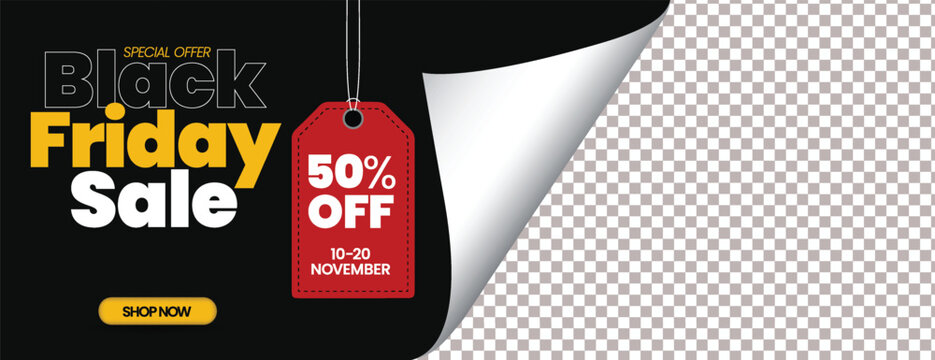 Black Friday Fashion Sale Social Media Cover Template for Product Sale Promotions, Retail Discounts, Exclusive Offers, Horizontal Web Banner Ads, and Modern Advertisements, Curled Paper Background - Powered by Adobe