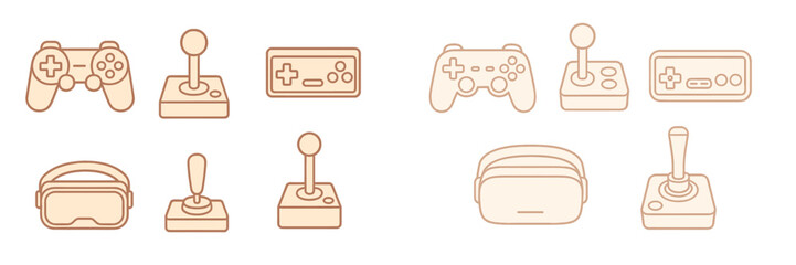 Different types of gaming controllers and devices organized in a simple layout displaying various styles for gaming