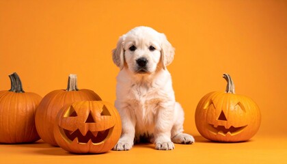 A light-colored puppy sits in front of five carved jack-o'-lanterns&mdash;each with a unique expression, set against an orange backdrop, evoking festive warmth, playful charm, and Halloween delight.