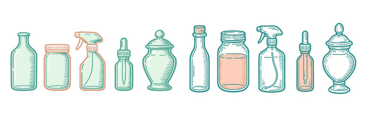 Various glass and plastic containers arranged in a row showcasing different shapes and sizes ideal for home organization