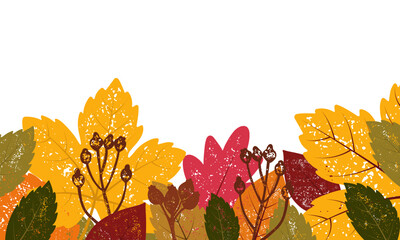 Minimalistic  banner with colorful fall leaves and foliage, designed in a flat vector style. Good for use in invitations, wallpapers, or marketing materials.