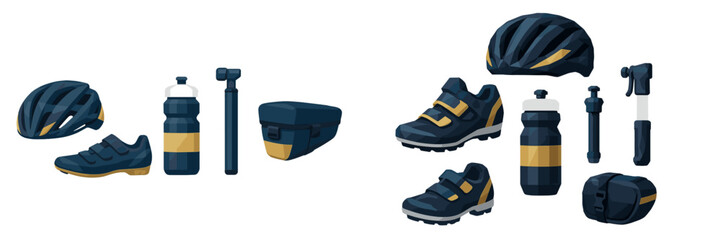 Essential cycling equipment including helmets, shoes, water bottles, pumps, and saddle bags for bicycle enthusiasts
