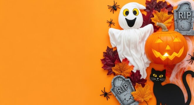 Festive halloween arrangement featuring a ghost pumpkin black cat tombstones and autumn leaves against a vibrant orange backdrop creating a spooky and cheerful seasonal display