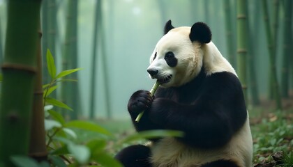 Obraz premium Gentle giant panda enjoys fresh bamboo stalk in serene misty forest habitat