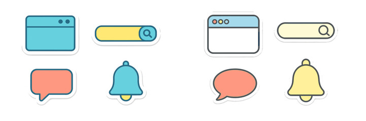 Colorful stickers featuring various icons like search bars, bells, and chat bubbles on a clean white background