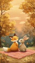 Cute fox and rabbit sitting on a picnic blanket in an autumn forest, symbolizing friendship and the cozy, comforting feeling of the fall season