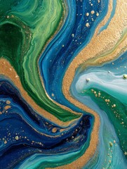 Fluid acrylic paint style artwork with bold swirls of emerald green, deep blue, and shimmering gold glitter, symbolizing a sense of natural harmony, luxury, and artistic expression
