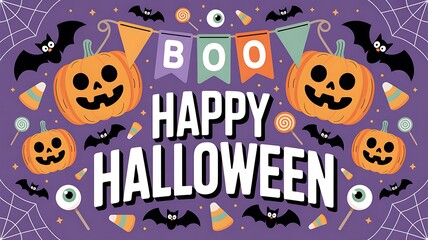 Get ready for spooky season with this festive Halloween design featuring pumpkins, bats, candy corn, and a "Boo Happy Halloween" banner on a vibrant purple backdrop