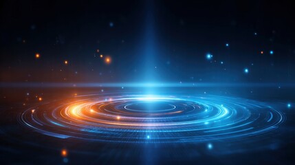 Obraz premium Concept of building a quantum computer. A vibrant, abstract image featuring swirling blue and orange light patterns, creating a sense of motion and depth against a dark background.