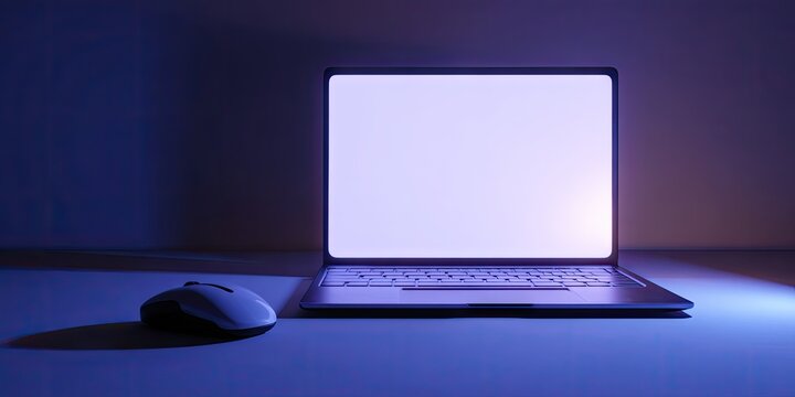 Laptop and Mouse on Desk in Dimly Lit Room.