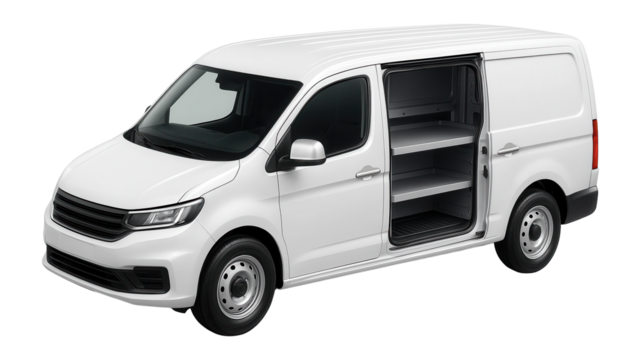 Unmarked white panel van with side sliding door and interior workstations