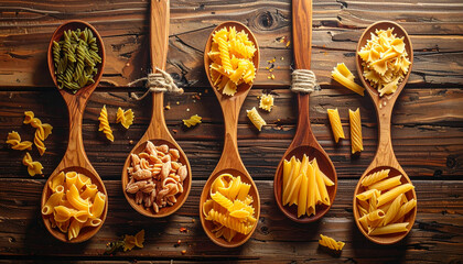 The Pasta Assortment on Rustic Wooden Spoons Over Aged Wooden Background