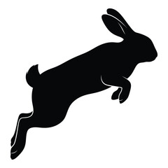 Dynamic black silhouette of a rabbit leaping with ears alert in mid-air motion silhouette