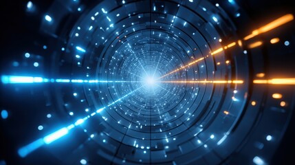 Fototapeta premium Concept of building a quantum computer. A futuristic tunnel of swirling blue and orange lights converging towards a bright center, creating a sense of depth and motion.