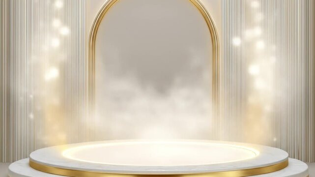 Elegant, cream-colored pedestal stage with golden accents and soft, diffused light, perfect for product display.