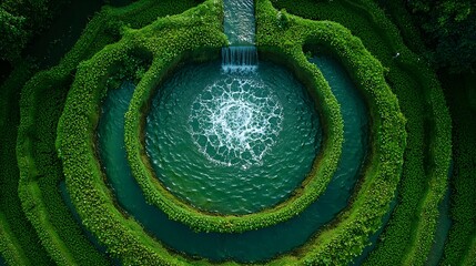 Aerial view of a symmetrical circular water system with cascading flows and lush green terraces