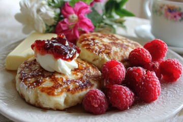 Delicious breakfast plate featuring fluffy pancakes with cream, raspberry jam, fresh raspberries, and decorative flowers, perfect for morning indulgence and culinary inspiration.