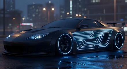 Fototapeta premium Futuristic Black Sports Car with Neon Circuit Design