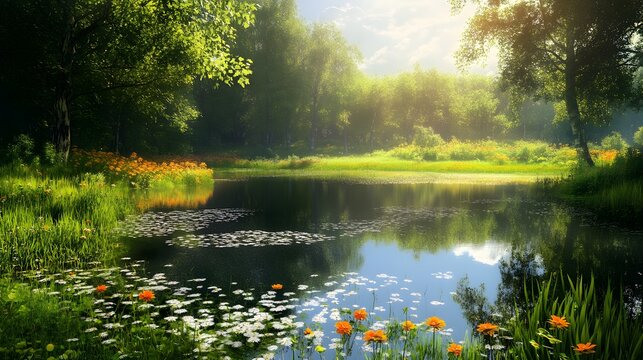 Serene lakeside scene with vibrant flowers and lush greenery under a bright blue sky