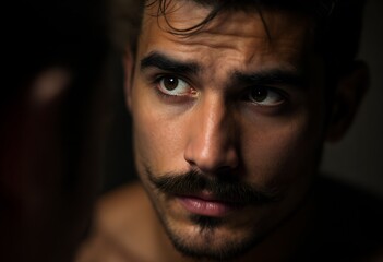 Fototapeta premium Close-up portrait of a shirtless man with a serious expression in a dark background.