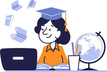 Female Student Online Education.Girl in Graduation Cap with Laptop and Books.