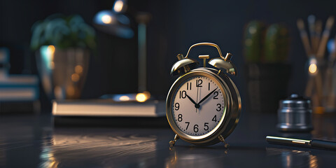 Elegant gold alarm clock on desk, time management concept