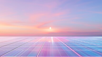Serene Sunset Over a Vast Solar Panel Field Reflecting Colorful Sky and Sunlight in an Eco-Friendly Landscape