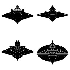 Four black and white silhouette images of star destroyers in various styles and orientations on a white background