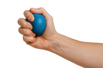 Hand squeezing blue stress ball, side view — transparent background