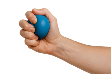Hand squeezing blue stress ball, side view — transparent background