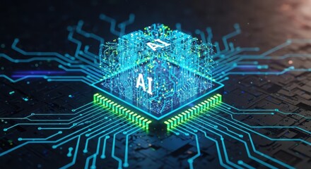 Advanced ai chip with glowing blue circuits and data streams symbolizing future technology and digital transformation isolated on white background