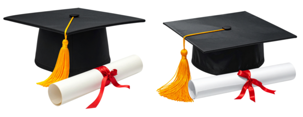  Sat of Classic Graduation Cap with Yellow Tassel and Diploma on White Background